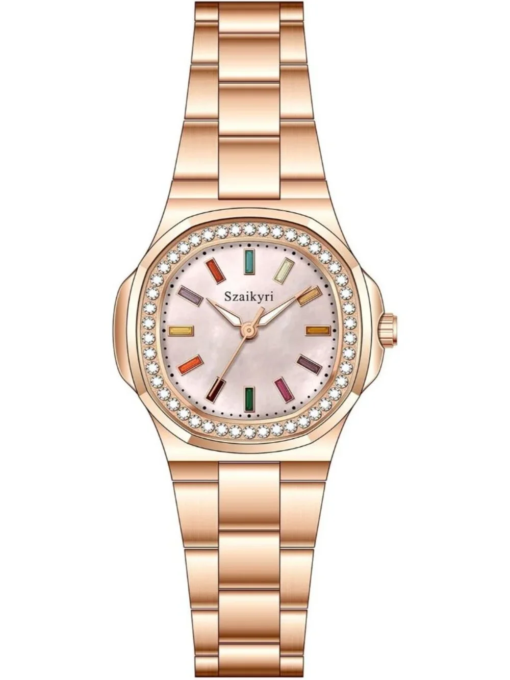 Women's Rose Gold Crystal Accented Solid Stainless Steel Band Dress Wrist Watch